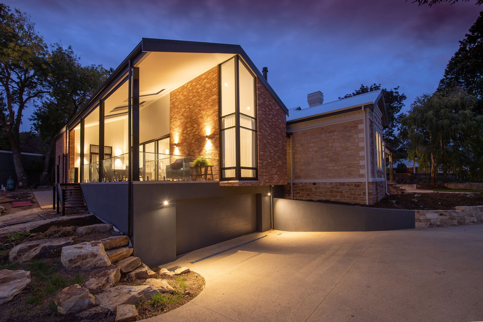 Modern home exterior at dusk