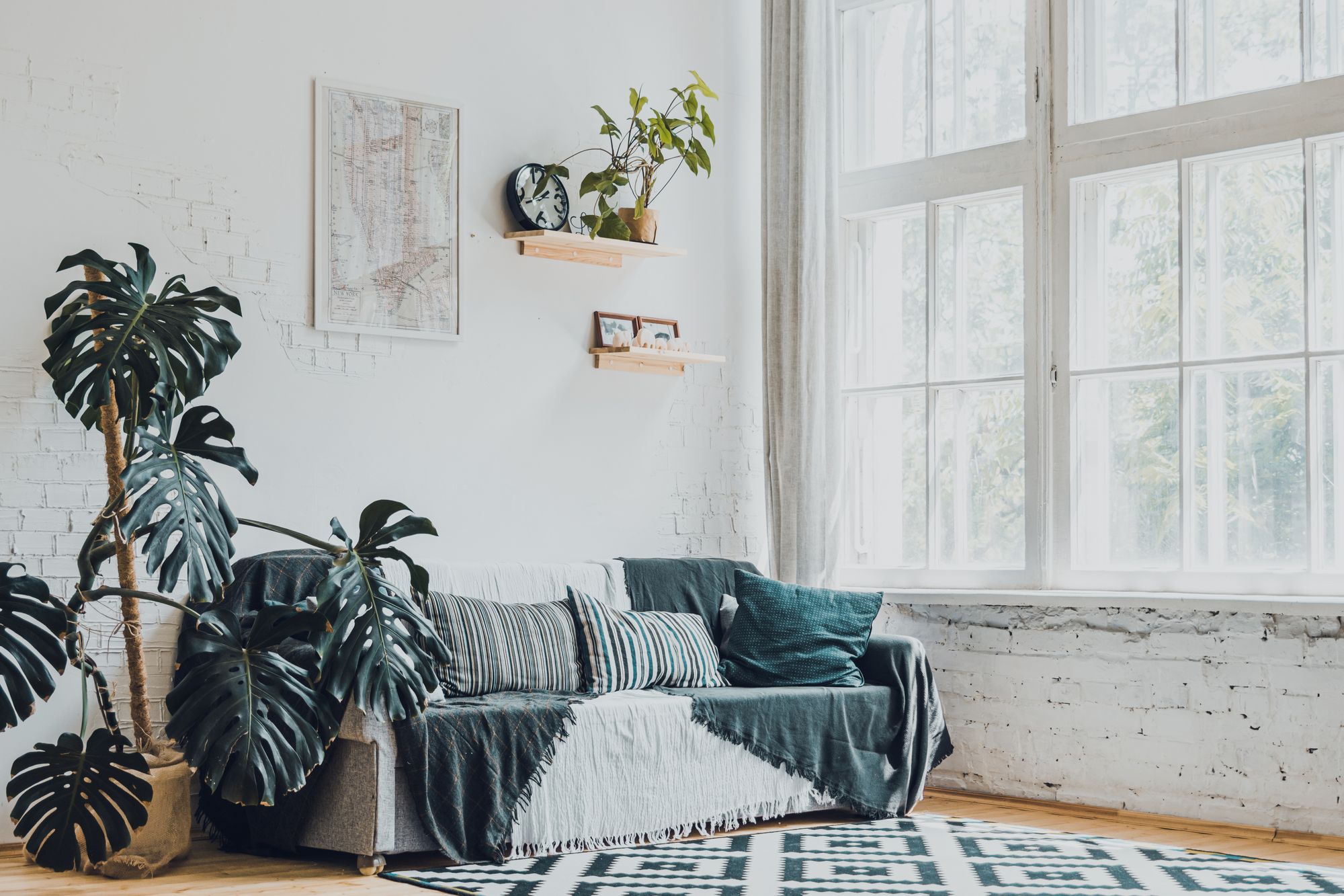 Bright living room with large windows